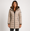 Women's black puffer jacket with hood, featuring lightweight insulation and mid-thigh length, perfect for winter wear. 2