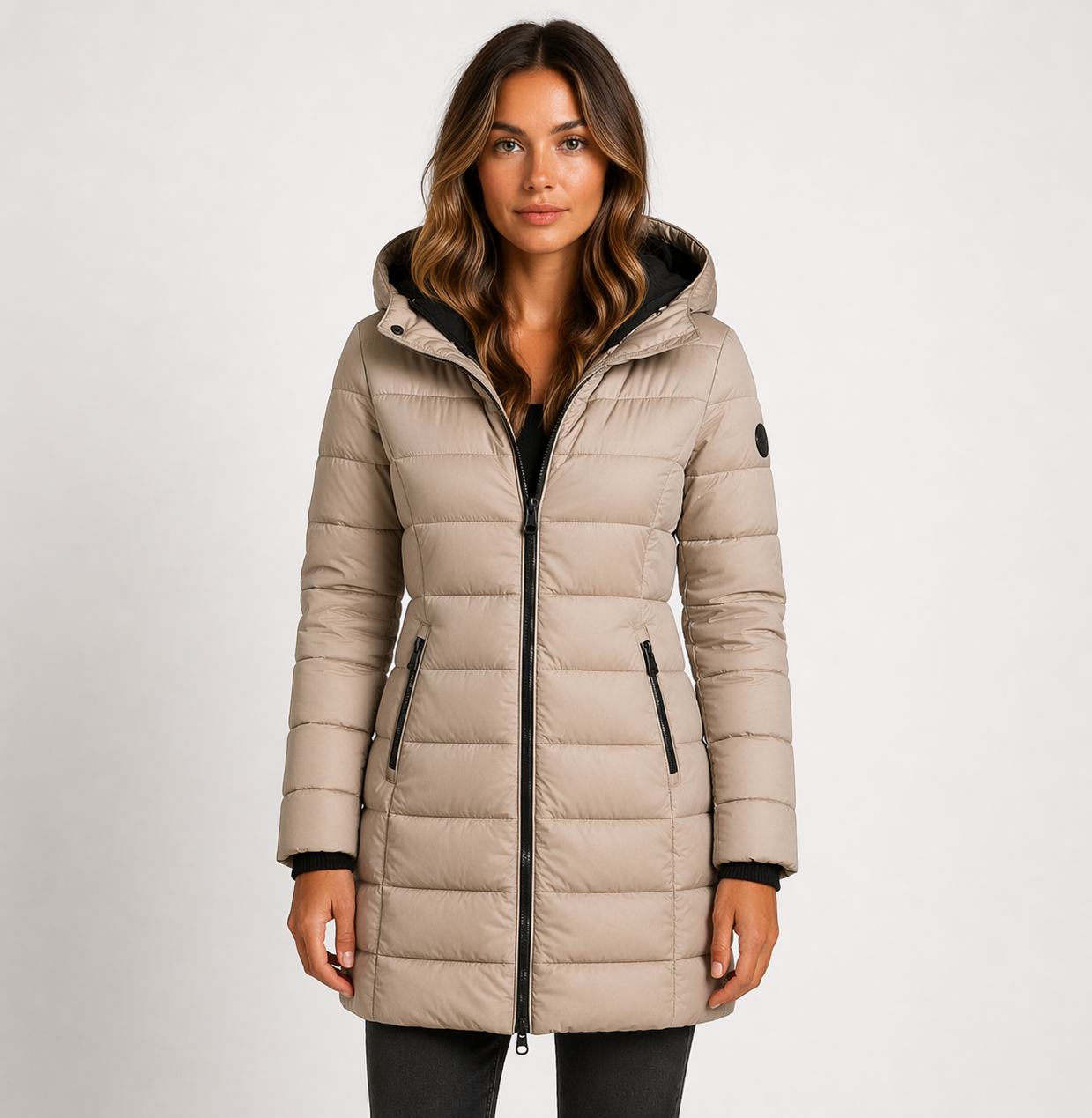 Women's black puffer jacket with hood, featuring lightweight insulation and mid-thigh length, perfect for winter wear. 2
