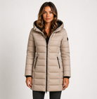 Women's black puffer jacket with hood, featuring lightweight insulation and mid-thigh length, perfect for winter wear. 2