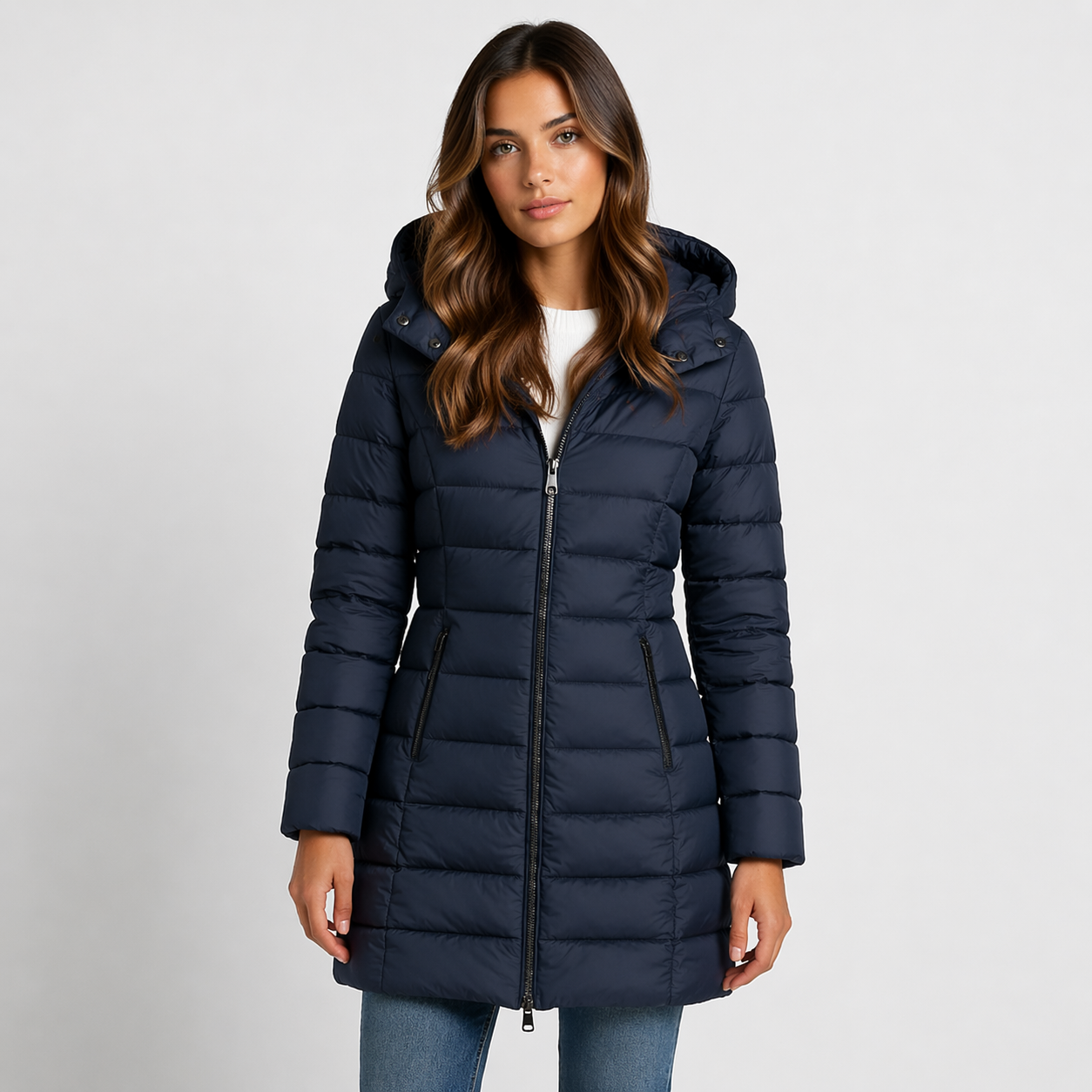 Women's black puffer jacket with hood, featuring lightweight insulation and mid-thigh length, perfect for winter wear. 3