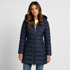 Women's black puffer jacket with hood, featuring lightweight insulation and mid-thigh length, perfect for winter wear. 3
