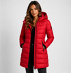 Women's black puffer jacket with hood, featuring lightweight insulation and mid-thigh length, perfect for winter wear. 4