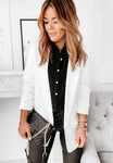 Women's fitted blazer with shawl collar and flap pockets, ideal for smart casual wear, featuring an open front design and tailored waist for a flattering silhouette. 5