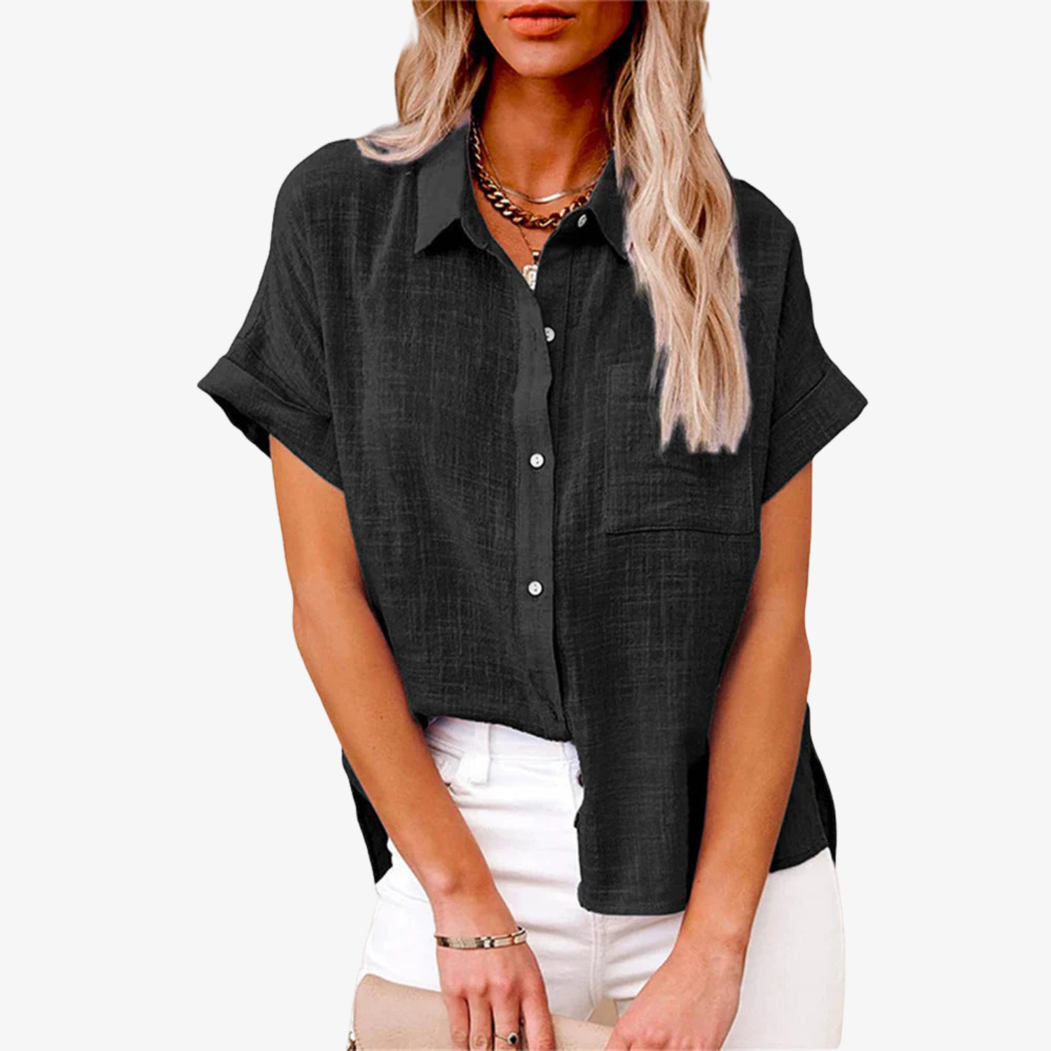 Lightweight white short sleeve women's blouse featuring a button-up front and classic collar, perfect for summer wear. 1
