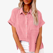 Lightweight white short sleeve women's blouse featuring a button-up front and classic collar, perfect for summer wear. 4