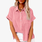 Lightweight white short sleeve women's blouse featuring a button-up front and classic collar, perfect for summer wear. 4