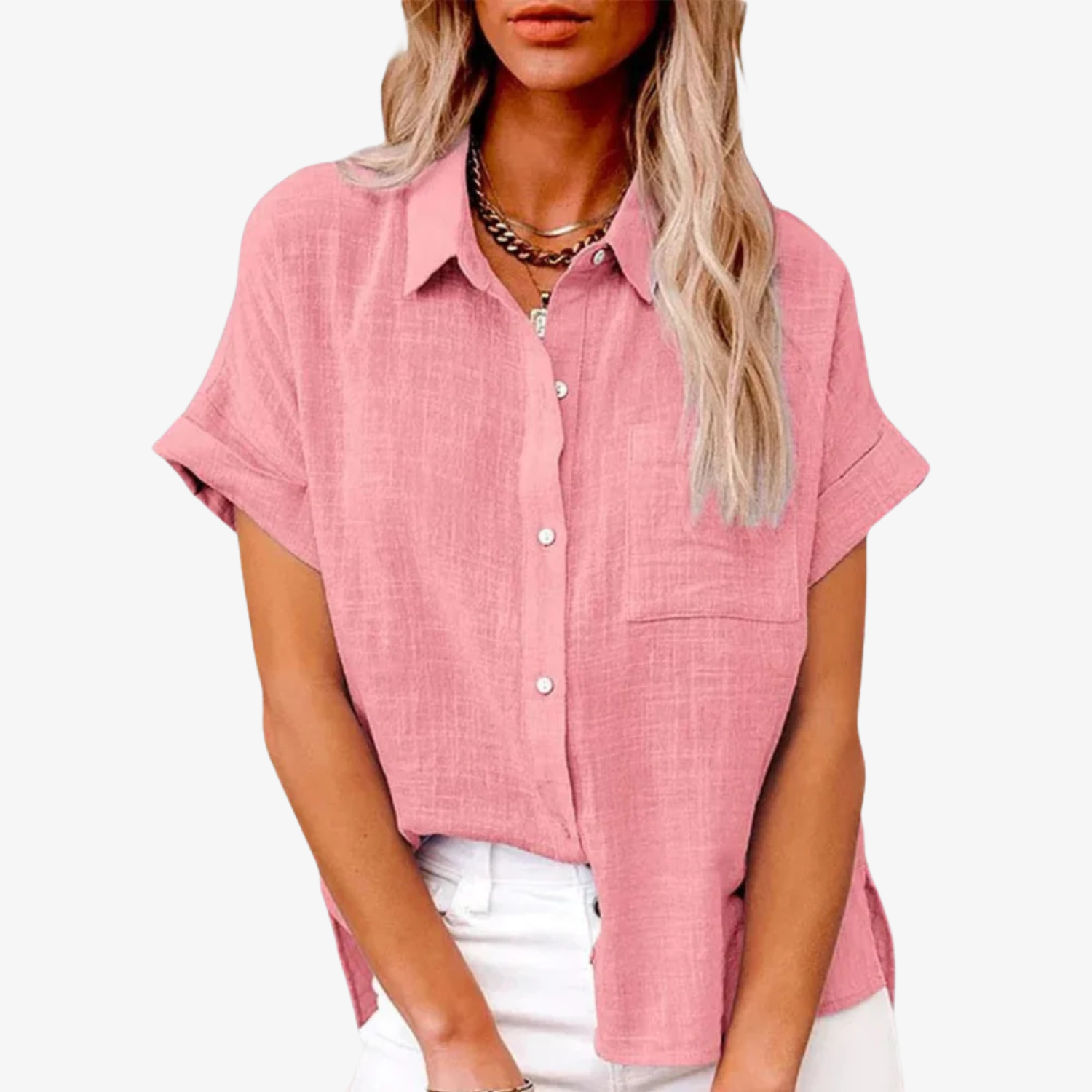 Lightweight white short sleeve women's blouse featuring a button-up front and classic collar, perfect for summer wear. 4