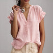 Women's blouse featuring a stylish V-neck and ruffle sleeves, designed for a relaxed fit in lightweight linen, perfect for summer wear. 0