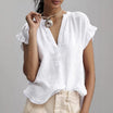 Women's blouse featuring a stylish V-neck and ruffle sleeves, designed for a relaxed fit in lightweight linen, perfect for summer wear. 3