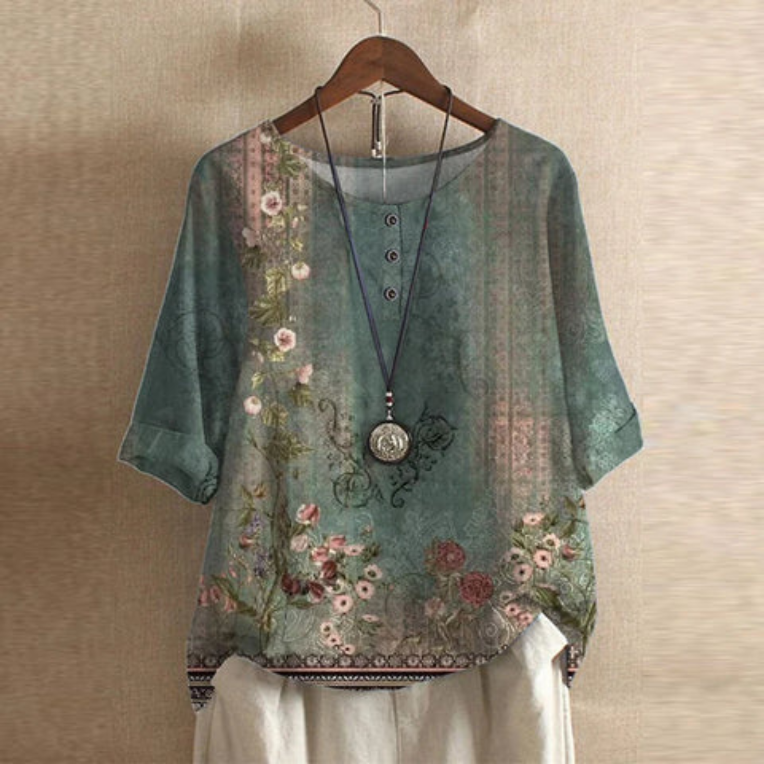 Women's vintage print blouse featuring a relaxed fit, lightweight and breathable fabric, perfect for a boho style look. 0