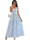 Women's Blue Floral Maxi Dress with Tie Straps