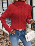 Women's cable-knit turtleneck sweater featuring a relaxed fit, perfect for cozy warmth during autumn and winter seasons. 3