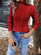Women's cable-knit turtleneck sweater featuring a relaxed fit, perfect for cozy warmth during autumn and winter seasons. 5