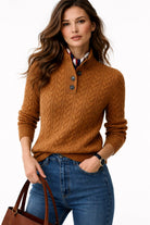 Women's cable knit sweater featuring a stylish button neck, designed for a relaxed fit in a soft wool-blend, perfect for both casual and business-cas 0