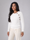 Women's cable knit sweater featuring button shoulder detail, crew neck design, and a stylish diamond knit pattern in a cozy and fashionable look. 0