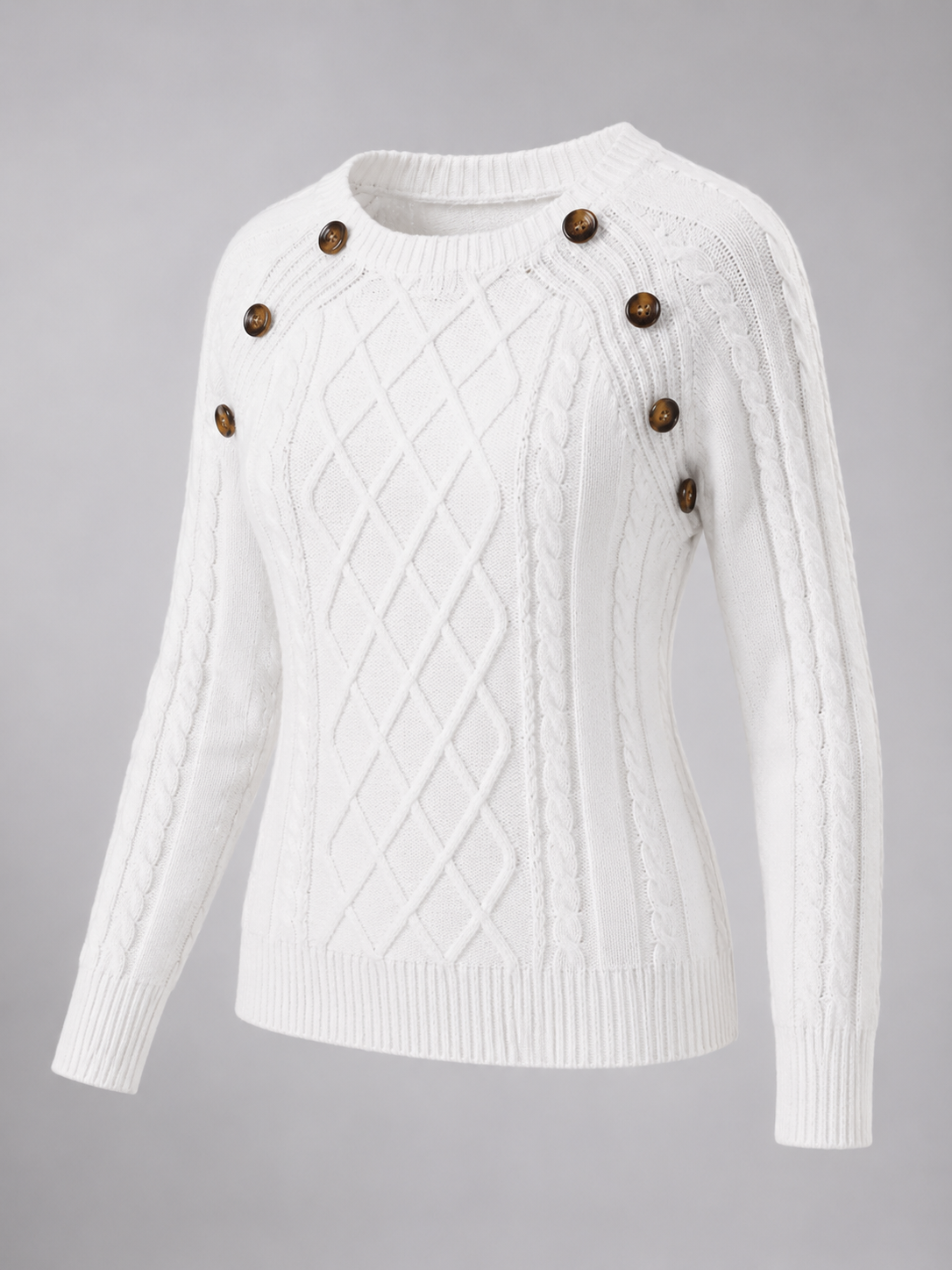 Women's cable knit sweater featuring button shoulder detail, crew neck design, and a stylish diamond knit pattern in a cozy and fashionable look. 1