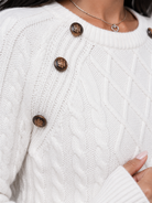 Women's cable knit sweater featuring button shoulder detail, crew neck design, and a stylish diamond knit pattern in a cozy and fashionable look. 5