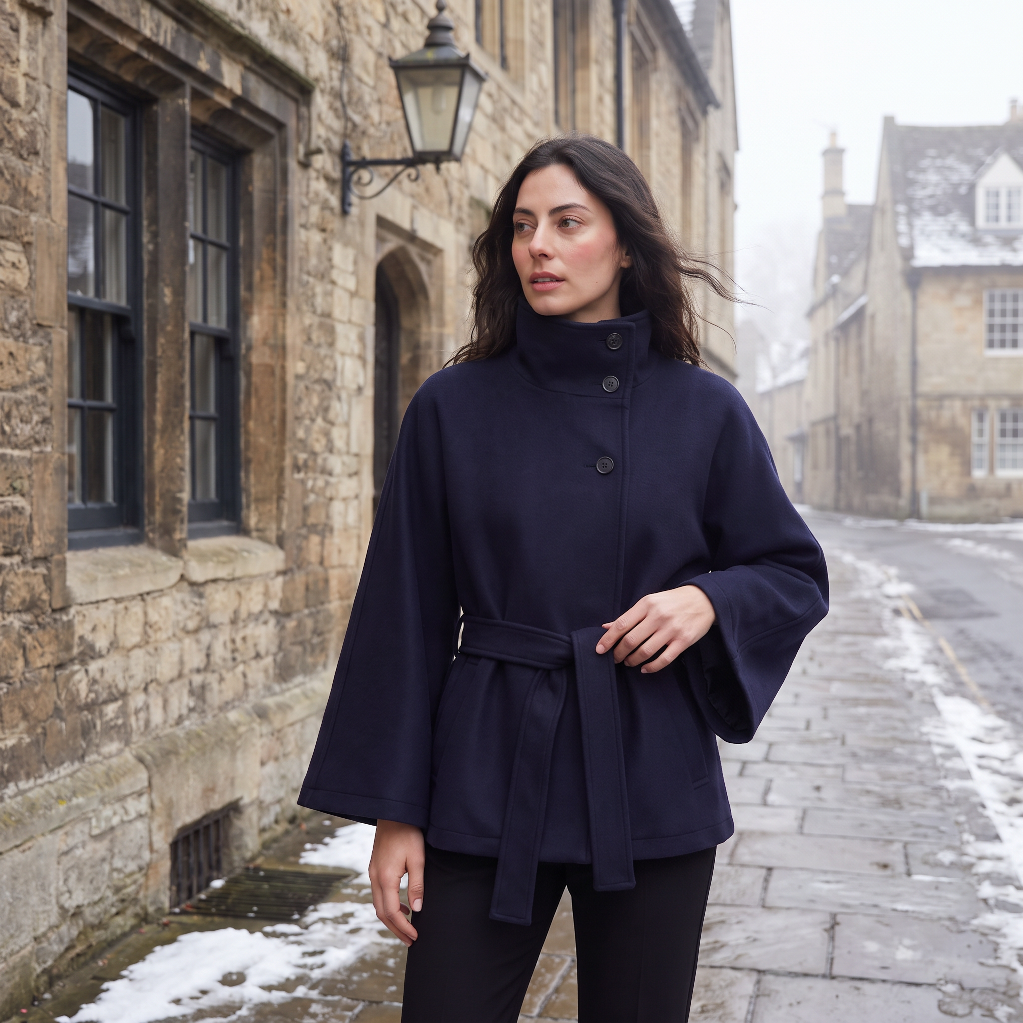 Women's oversized winter coat featuring a high collar and adjustable belt, designed for warmth and style, perfect for cold weather fashion. 1