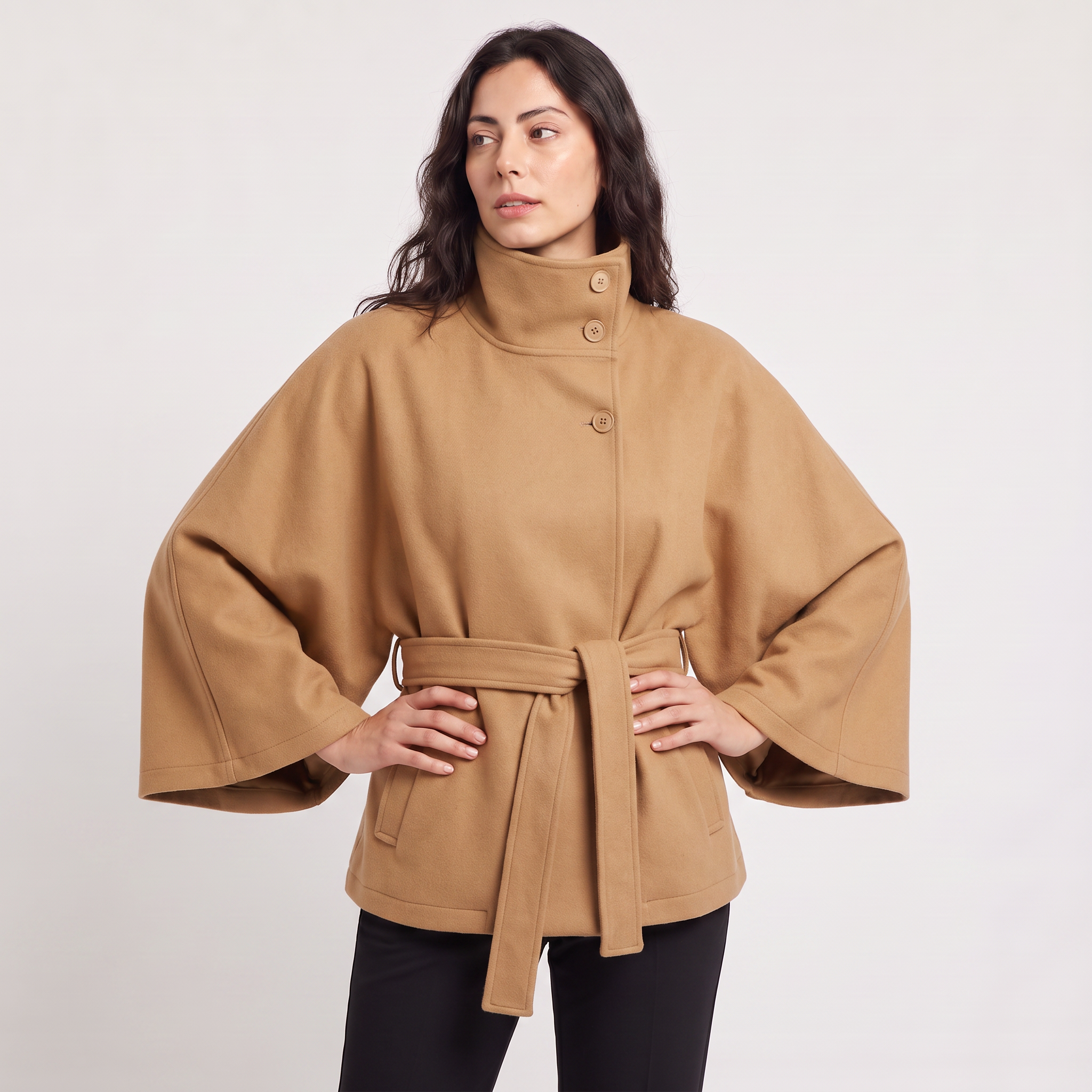 Women's oversized winter coat featuring a high collar and adjustable belt, designed for warmth and style, perfect for cold weather fashion. 8