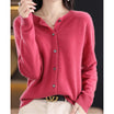 Women's black cardigan featuring a button front and relaxed fit, made from soft stretch knit fabric, perfect for layering and comfortable wear. 1