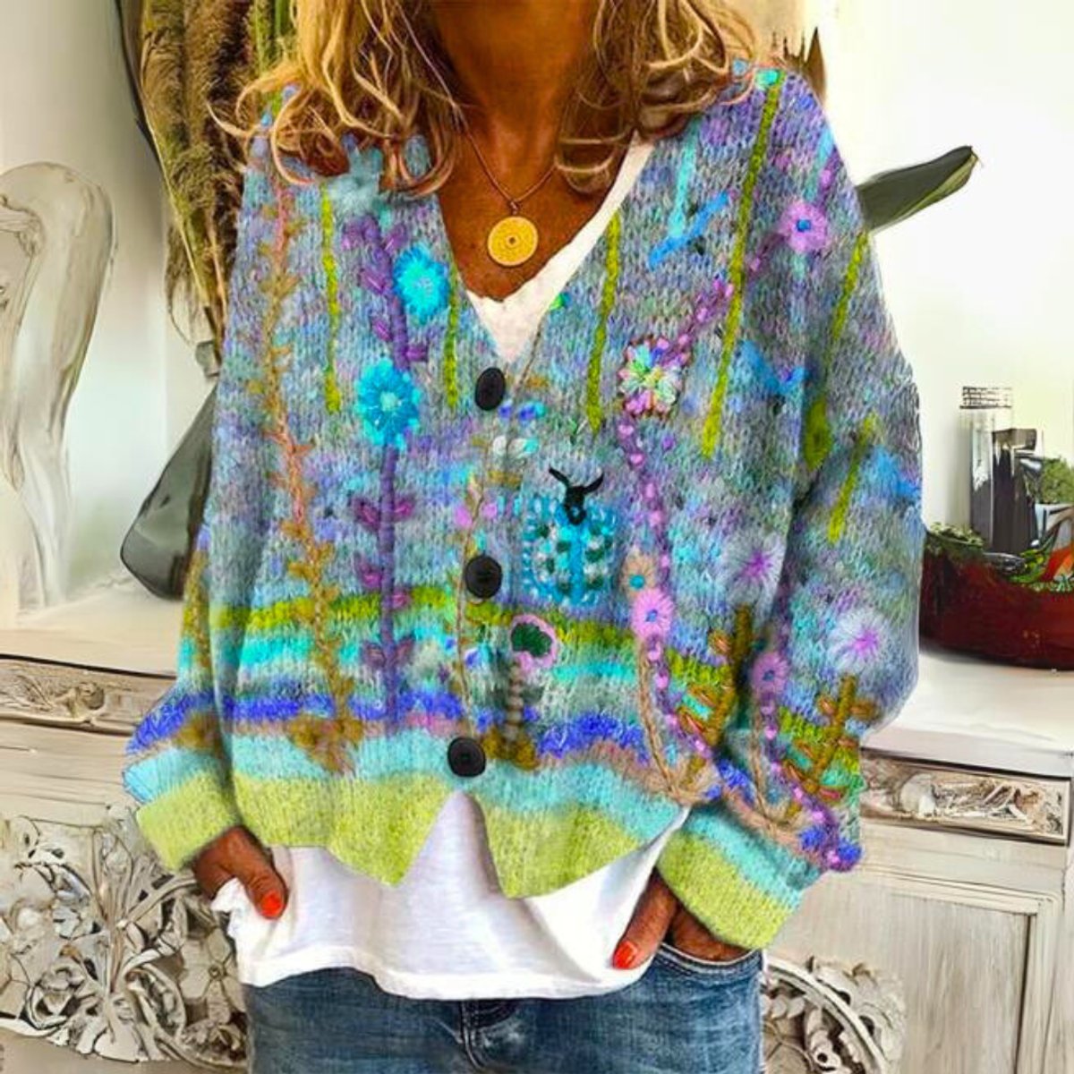 Women's cardigan featuring intricate floral embroidery, button-front design, and long sleeves in a soft knit fabric, ideal for a boho style look. 1