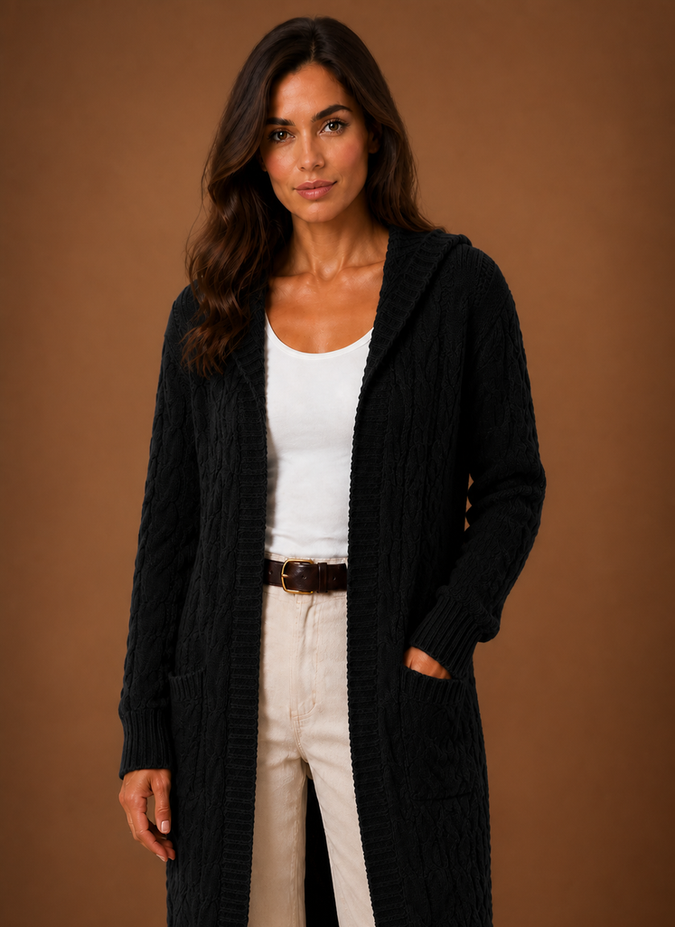 Women's black cardigan with hood and deep pockets, featuring a chunky cable knit design and mid-long duster length, perfect for layering in cooler weather. 0