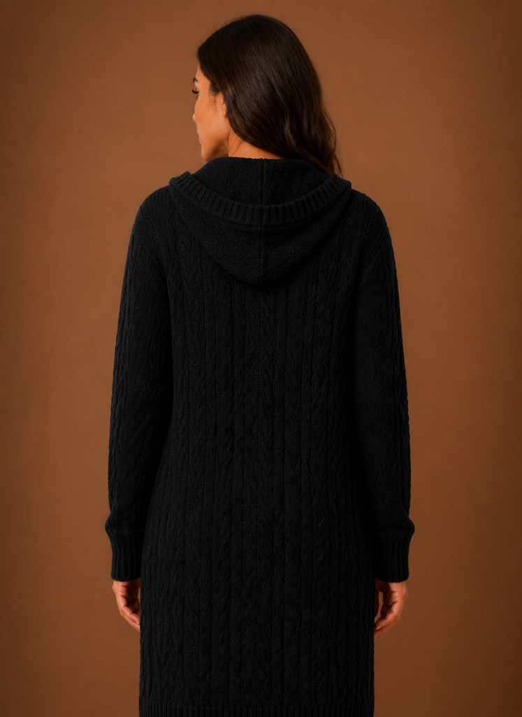 Women's black cardigan with hood and deep pockets, featuring a chunky cable knit design and mid-long duster length, perfect for layering in cooler weather. 1