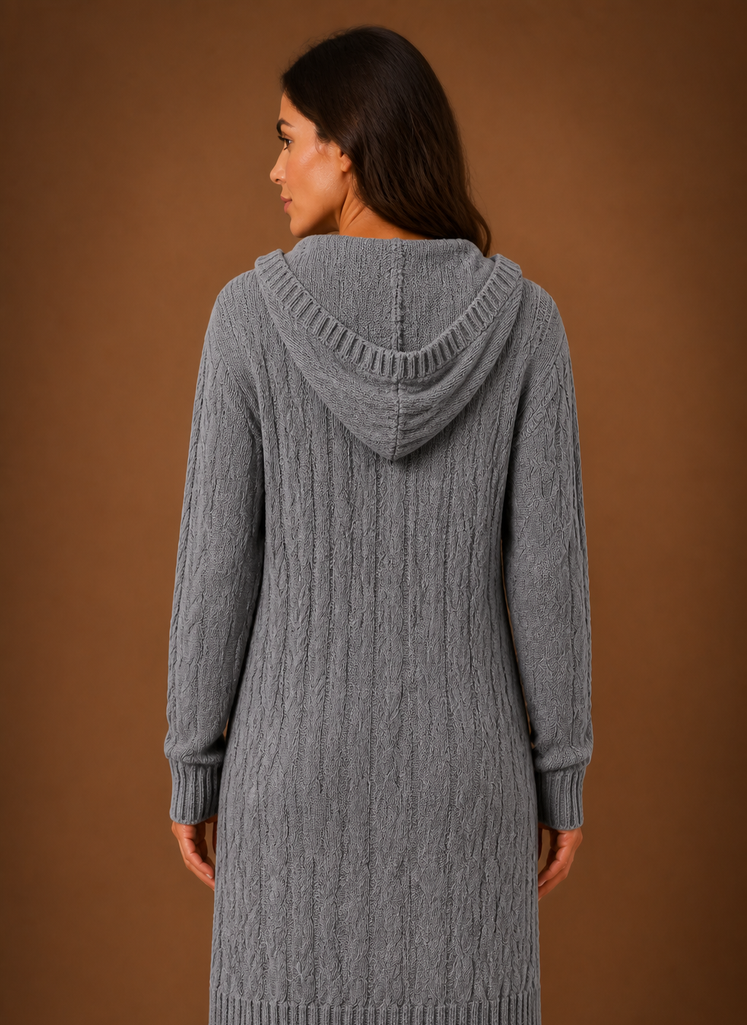 Women's black cardigan with hood and deep pockets, featuring a chunky cable knit design and mid-long duster length, perfect for layering in cooler weather. 5