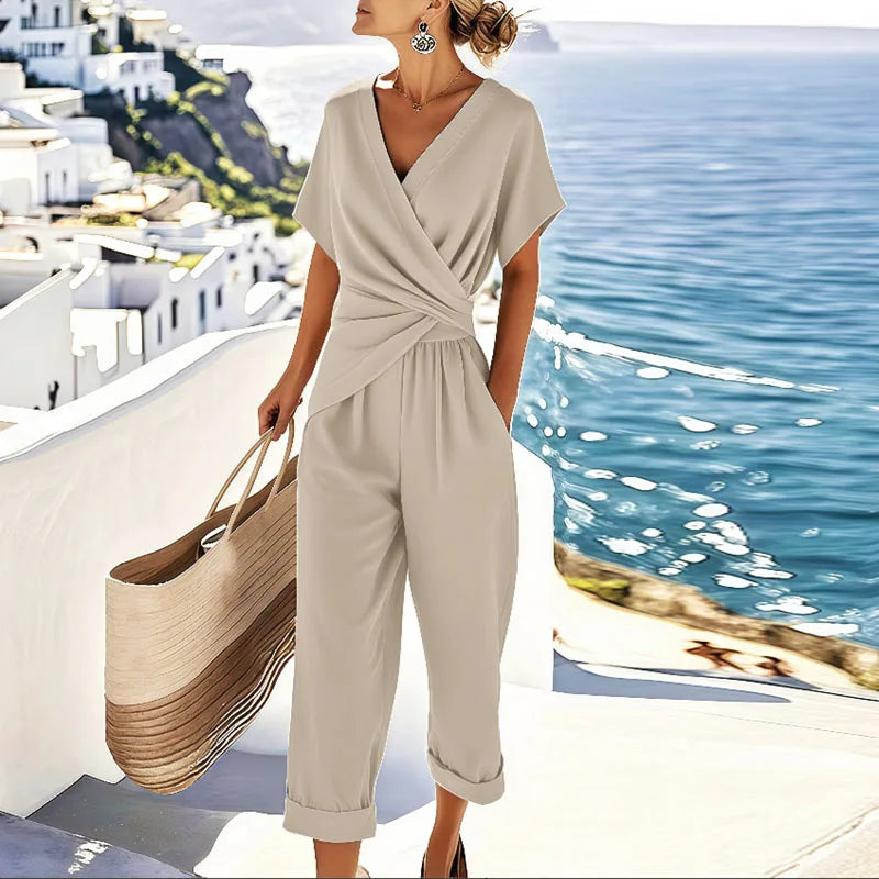 Women's Casual V-Neck Jumpsuit with Short Sleeves – Flowy Summer Style 0
