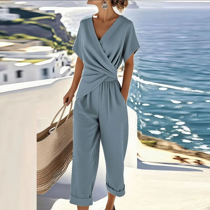 Women's Casual V-Neck Jumpsuit with Short Sleeves – Flowy Summer Style 1