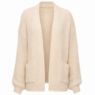 Women's chunky knit cardigan featuring an open front design, crafted from a soft wool-blend in oatmeal cream, designed for a relaxed fit. 0