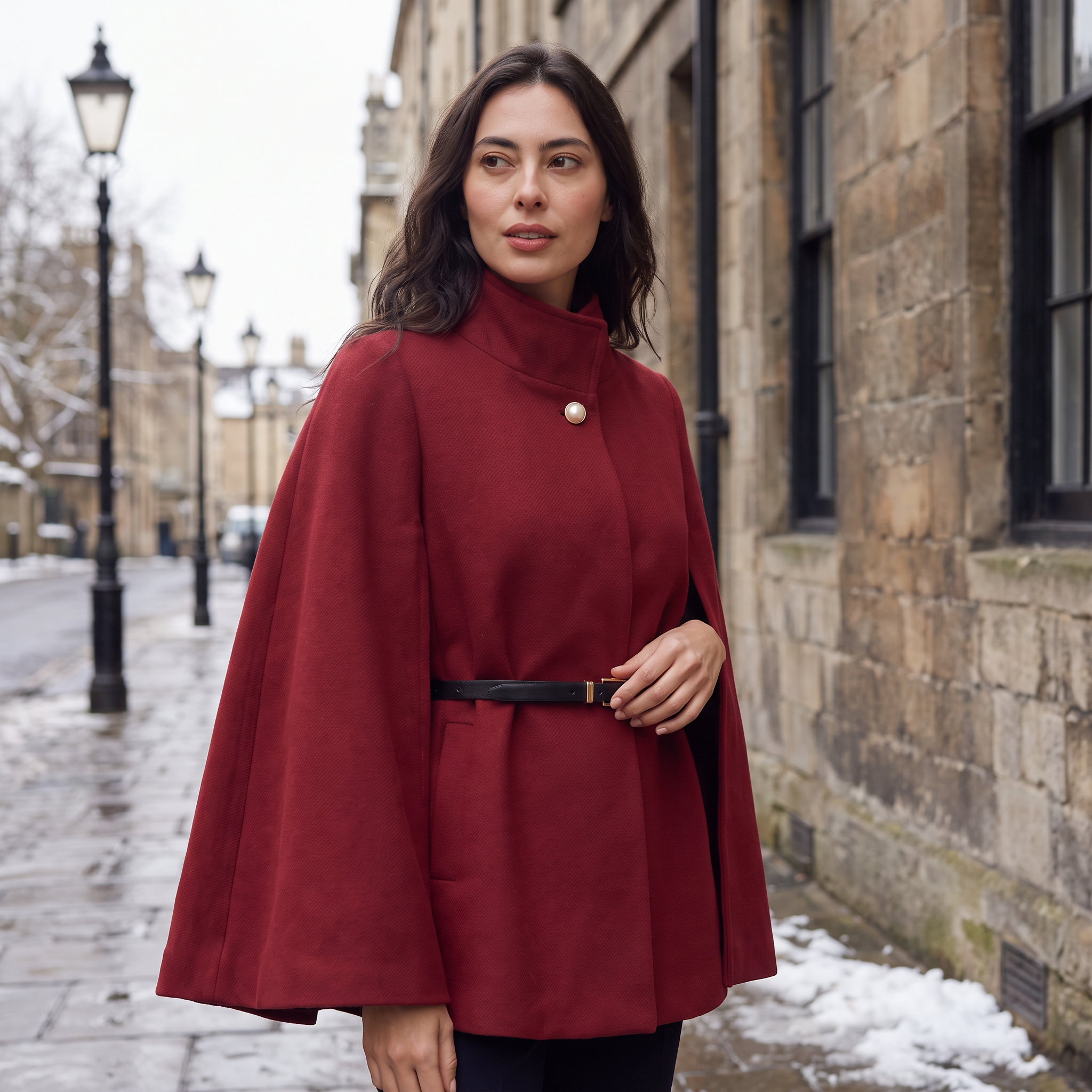 Women's cloak coat featuring an adjustable waist belt and relaxed batwing sleeves, designed for elegant layering and stylish comfort. 1