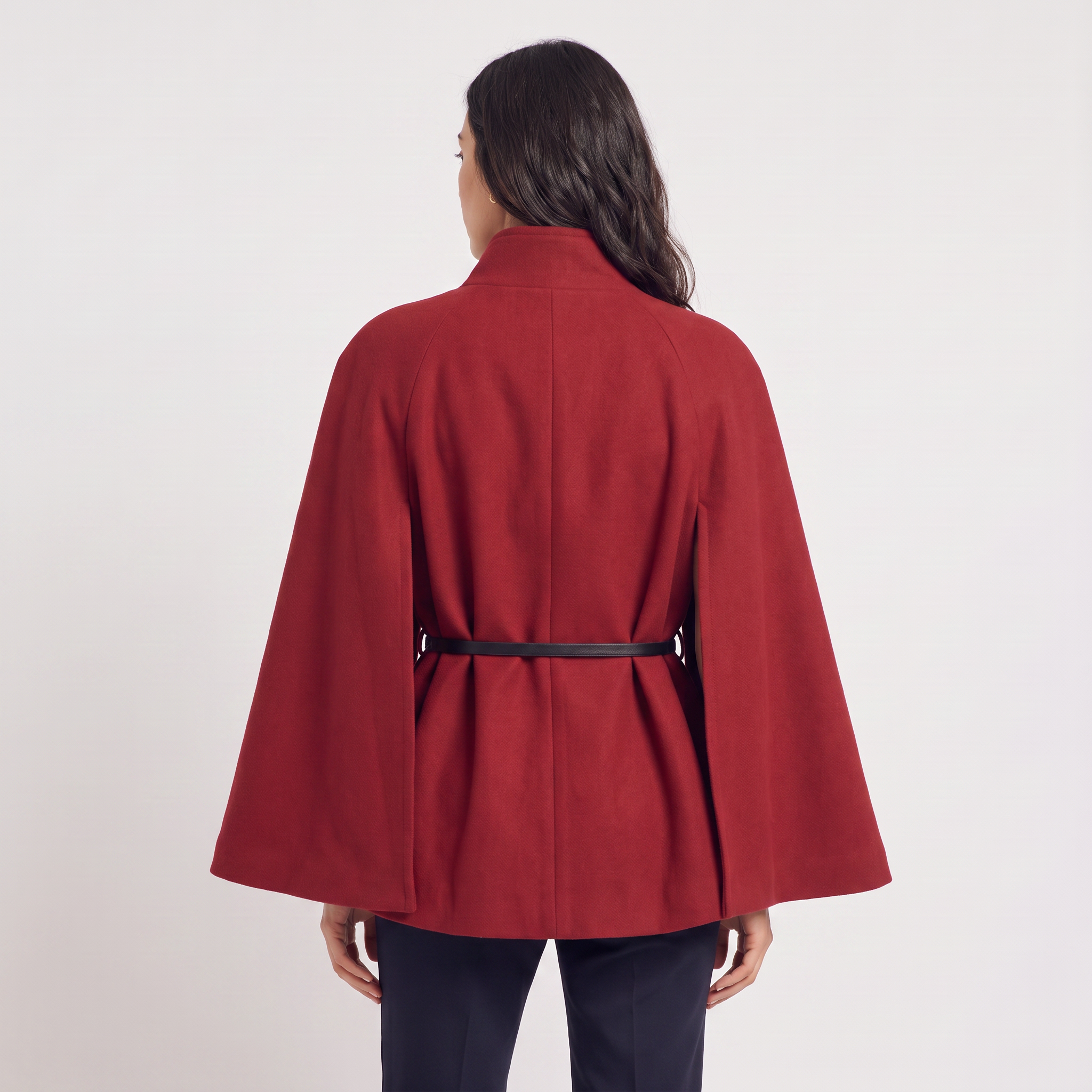 Women's cloak coat featuring an adjustable waist belt and relaxed batwing sleeves, designed for elegant layering and stylish comfort. 6