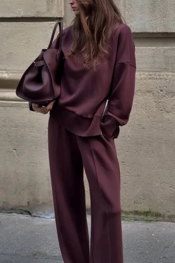 Women's co-ord set featuring a relaxed fit oversized top and wide leg trousers, made from soft fabric for ultimate comfort and style. 0