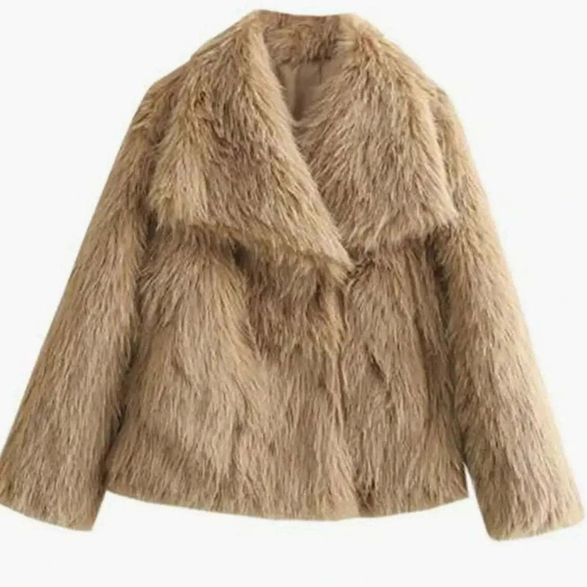 Women's cropped faux fur jacket with open front, featuring a plush textured design perfect for autumn and winter styling. 8