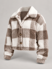 Women's Cropped Sherpa Jacket with Button Closure in Buffalo Check Pattern, perfect cozy layer for fall fashion. 0
