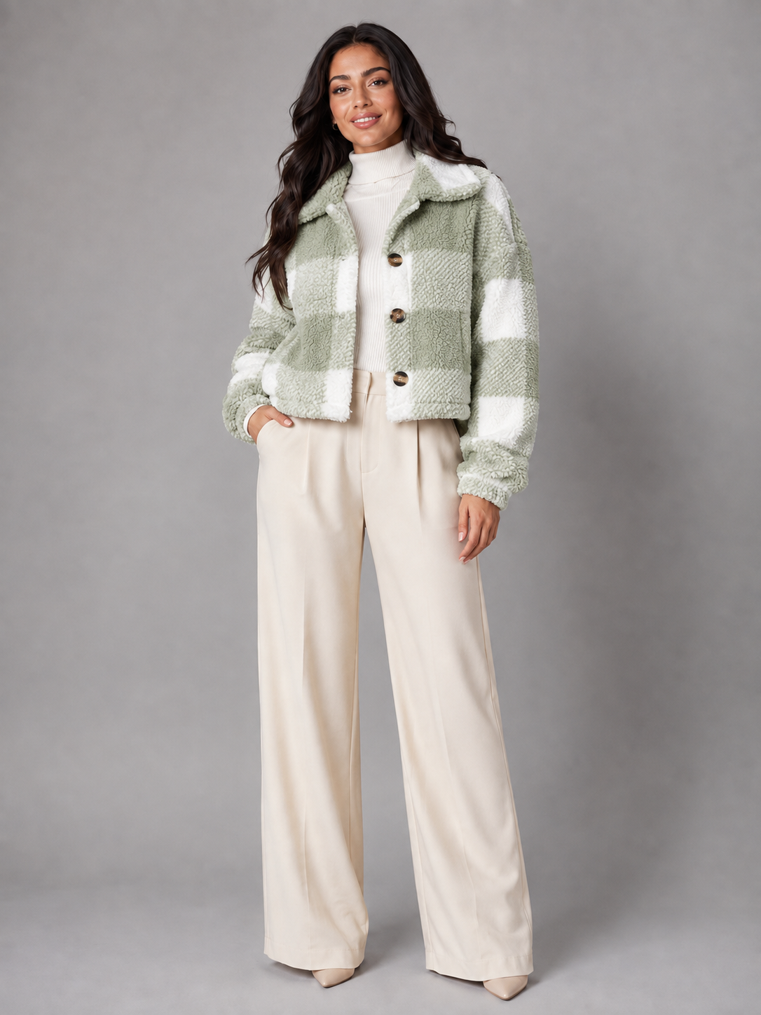 Women's Cropped Sherpa Jacket with Button Closure in Buffalo Check Pattern, perfect cozy layer for fall fashion. 1