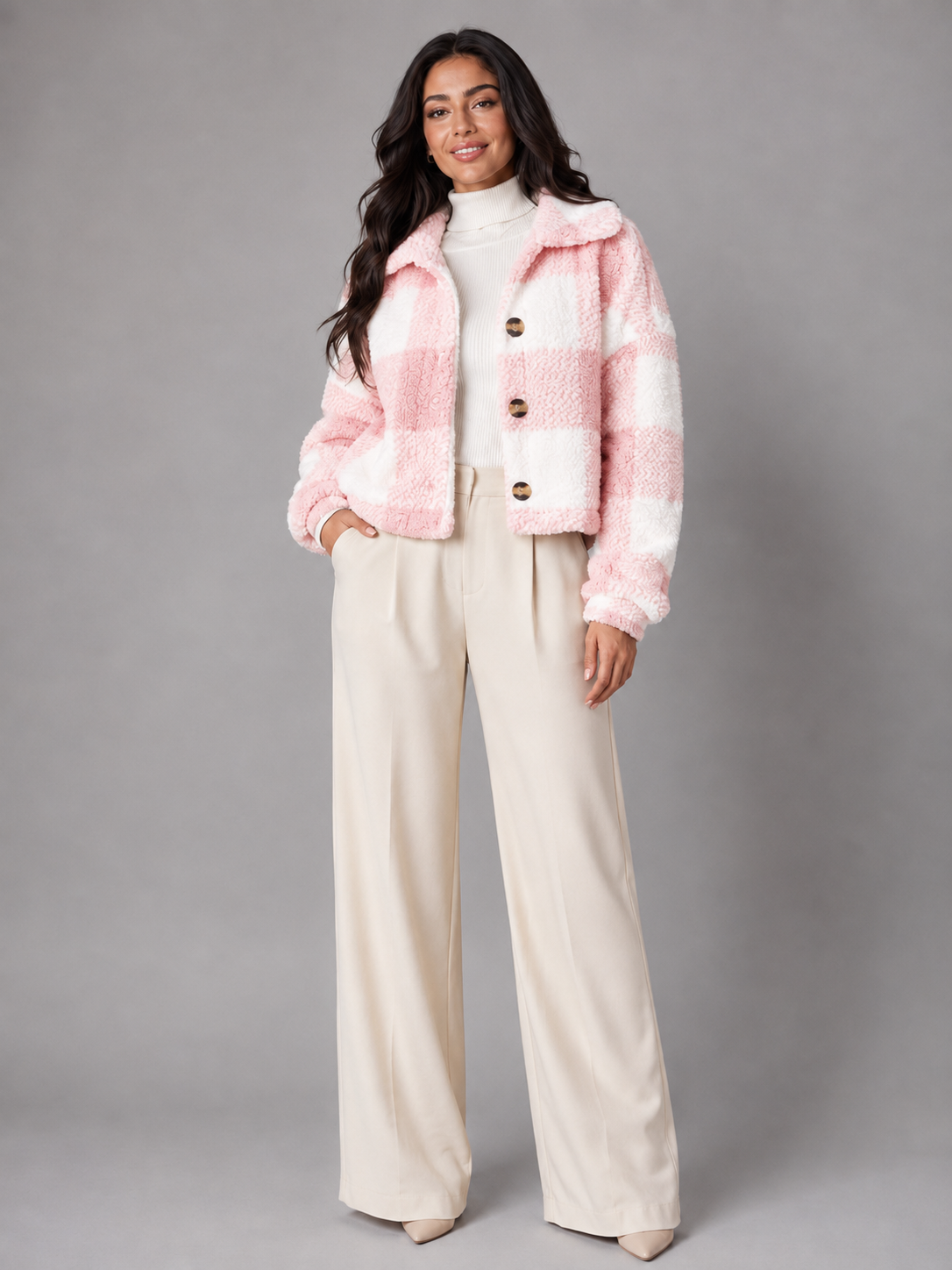 Women's Cropped Sherpa Jacket with Button Closure in Buffalo Check Pattern, perfect cozy layer for fall fashion. 2