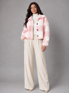 Women's Cropped Sherpa Jacket with Button Closure in Buffalo Check Pattern, perfect cozy layer for fall fashion. 2