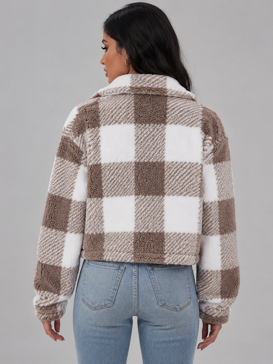Women's Cropped Sherpa Jacket with Button Closure in Buffalo Check Pattern, perfect cozy layer for fall fashion. 7