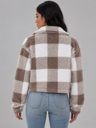 Women's Cropped Sherpa Jacket with Button Closure in Buffalo Check Pattern, perfect cozy layer for fall fashion. 7