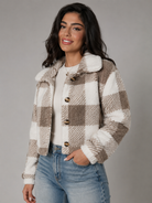 Women's Cropped Sherpa Jacket with Button Closure in Buffalo Check Pattern, perfect cozy layer for fall fashion. 8