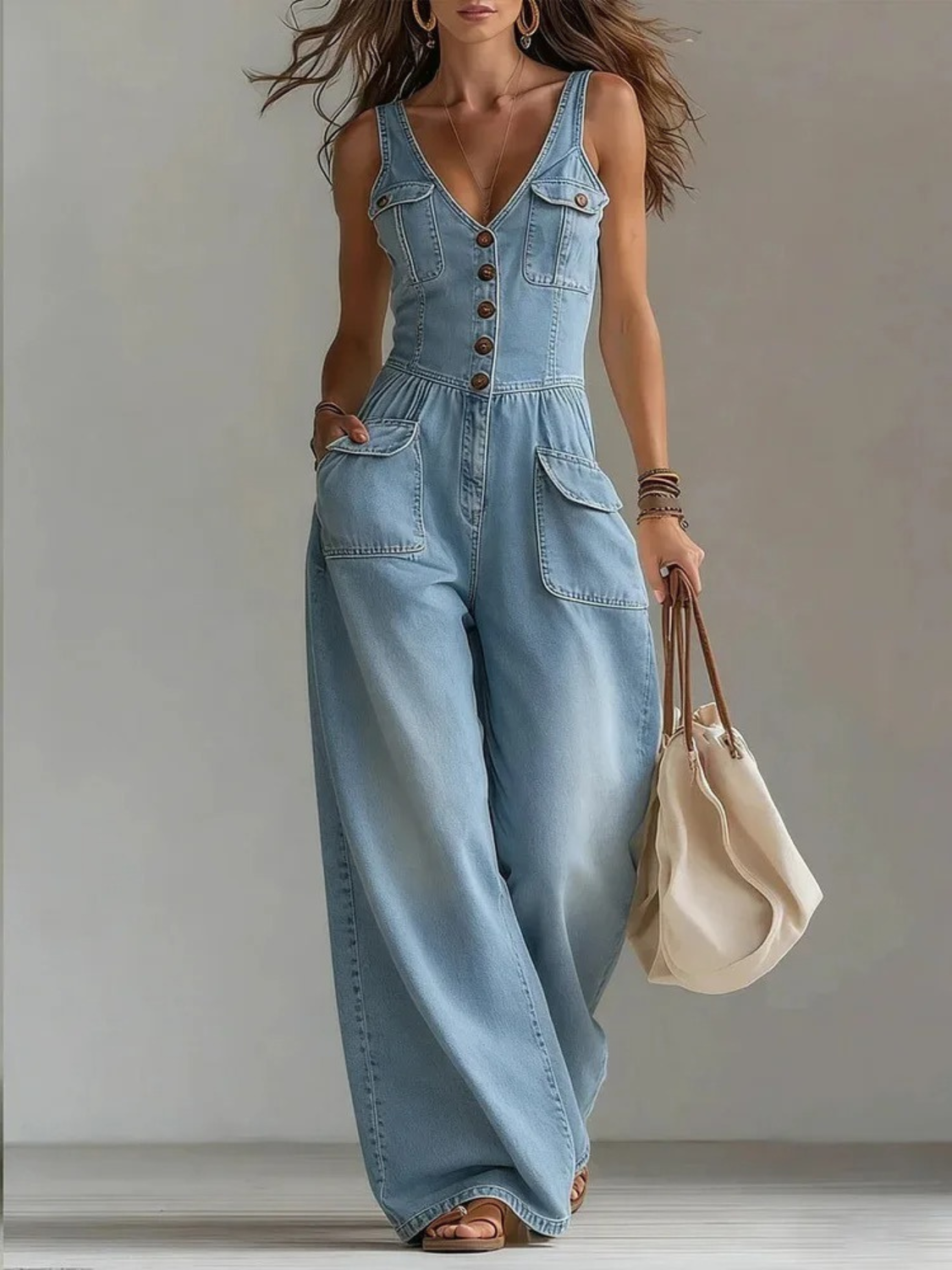 Women's denim jumpsuit featuring a V-neckline and wide-leg pants, elegantly designed in classic blue with a stylish sleeveless cut. 1