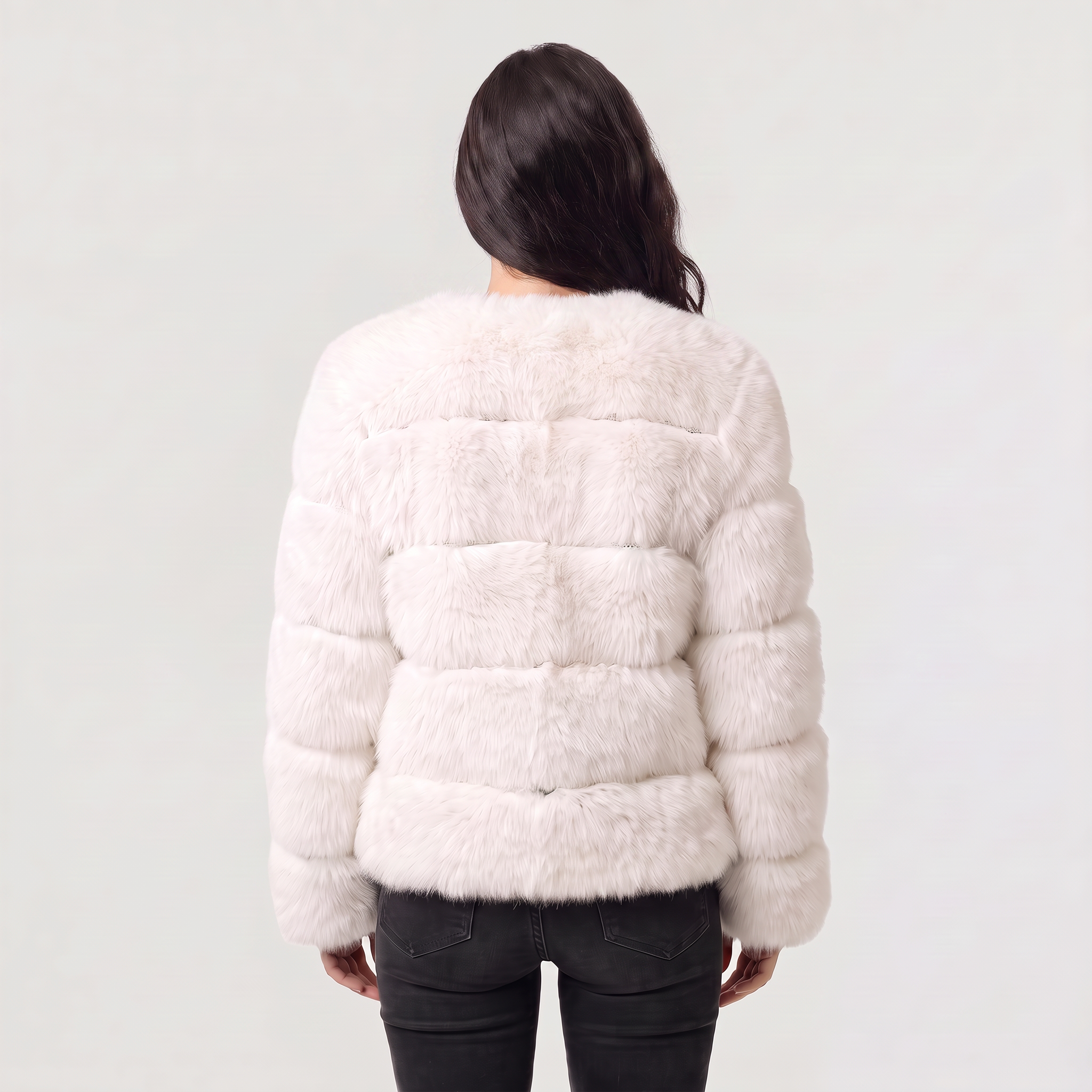 Women's faux fur jacket featuring a concealed fastening, designed for a relaxed fit and hip-length styling, perfect for fashionable layering in cool weather. 5