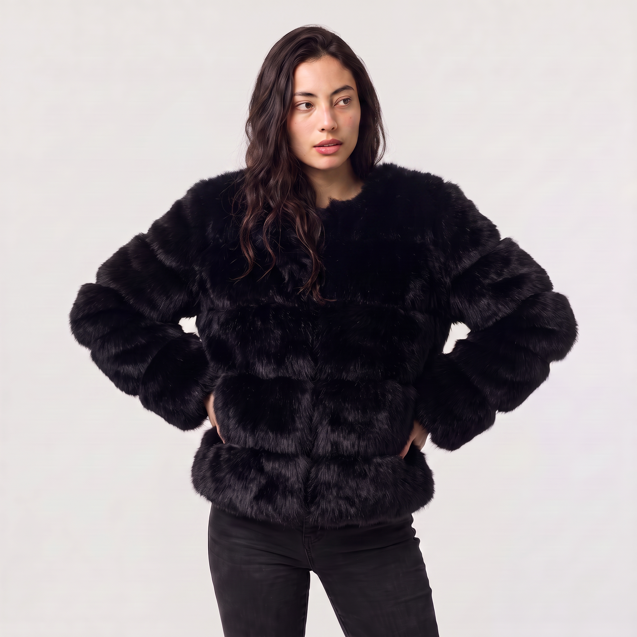 Women's faux fur jacket featuring a concealed fastening, designed for a relaxed fit and hip-length styling, perfect for fashionable layering in cool weather. 8