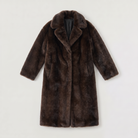 Women's faux fur trench coat featuring double-button fastening, side pockets, and a long relaxed fit, perfect for stylish winter outerwear. 3