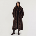 Women's faux fur trench coat featuring double-button fastening, side pockets, and a long relaxed fit, perfect for stylish winter outerwear. 4