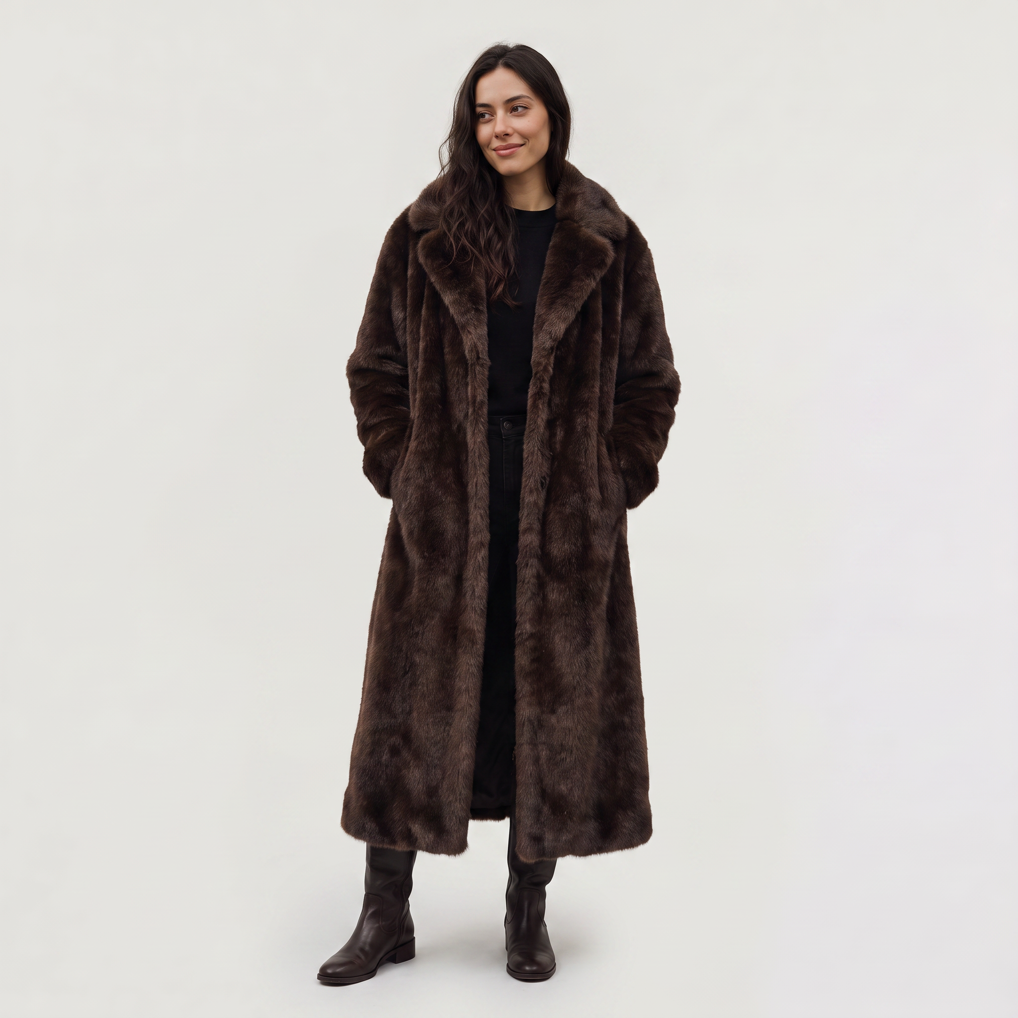 Women's faux fur trench coat featuring double-button fastening, side pockets, and a long relaxed fit, perfect for stylish winter outerwear. 4