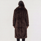Women's faux fur trench coat featuring double-button fastening, side pockets, and a long relaxed fit, perfect for stylish winter outerwear. 5