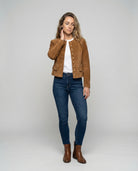 Women's faux suede jacket featuring an elegant fitted collarless design and stylish gold buttons, perfect for a smart casual look. 1